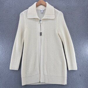 Chicos Sweater Womens 1 US Medium Ivory Wool Blend Cardigan Collared Chunky Knit